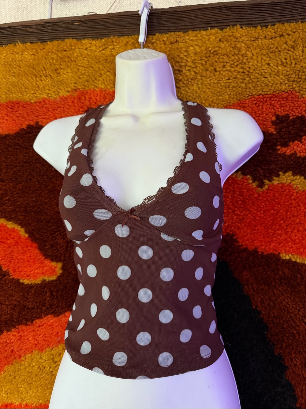 Polka Dot Brown Tank Top with Lace Trim - Picture 1 of 3